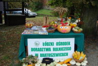 Zdjęcie przedstawia stoisko ŁODR z ulotkami oraz warzywami 