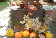 Zdjęcie przedstawia stoisko ŁODR z dyniami, koldbami kukurydzy ora książki i rękodzieła w przybliżeniu
